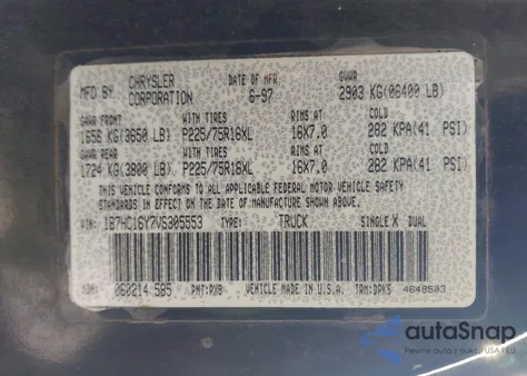 1997 Dodge Ram 1500 Lt z USA, uszkodzony, nr VIN 1B7HC16Y7VS305553